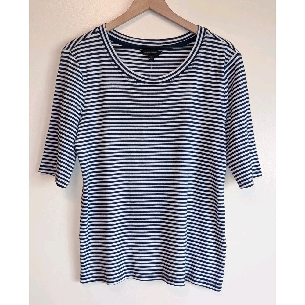 Banana Republic NWT XL Navy White Stripe Ribbed Knit Elbow Sleeve Top Preppy